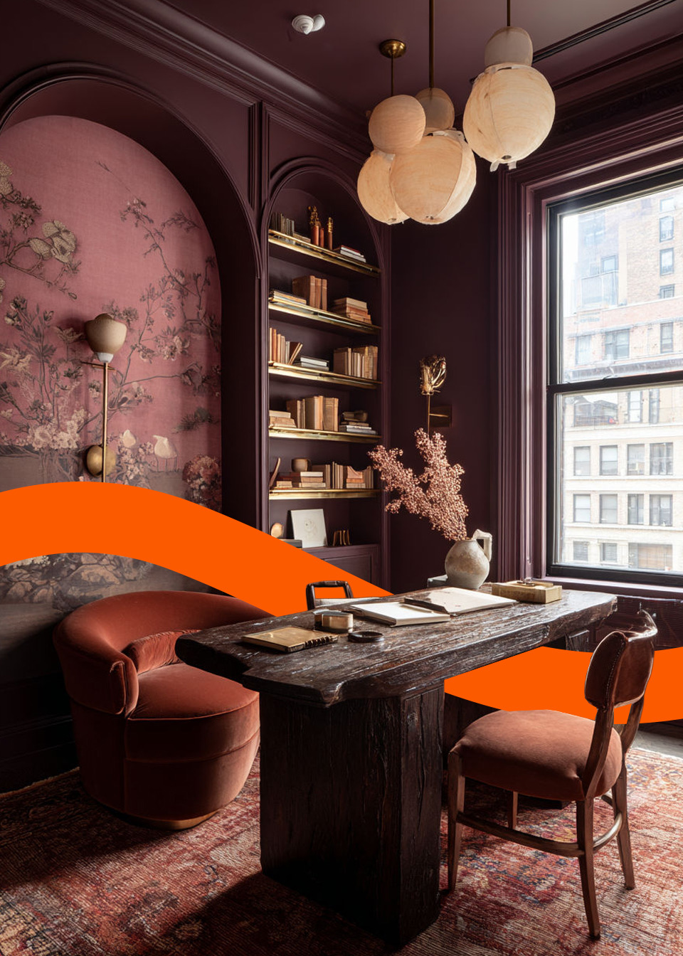 Oranje lijn over een kantoorinterieur